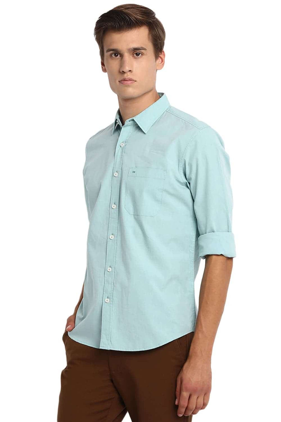 BASICS SLIM FIT EGGSHELL GREEN FIL A FIL SHIRT