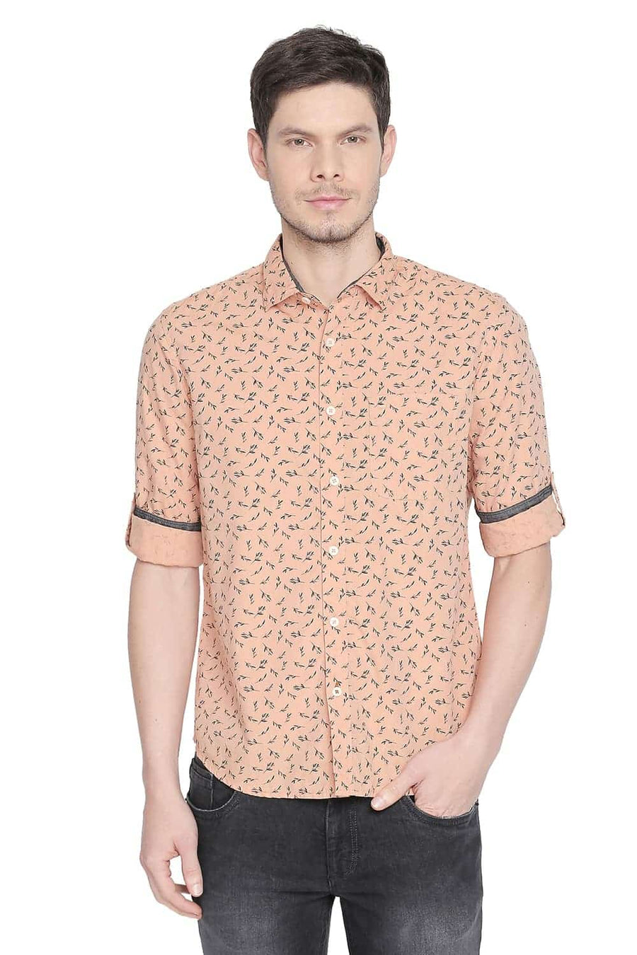 BASICS SLIM FIT APRICOT ORANGE PRINTED SHIRT