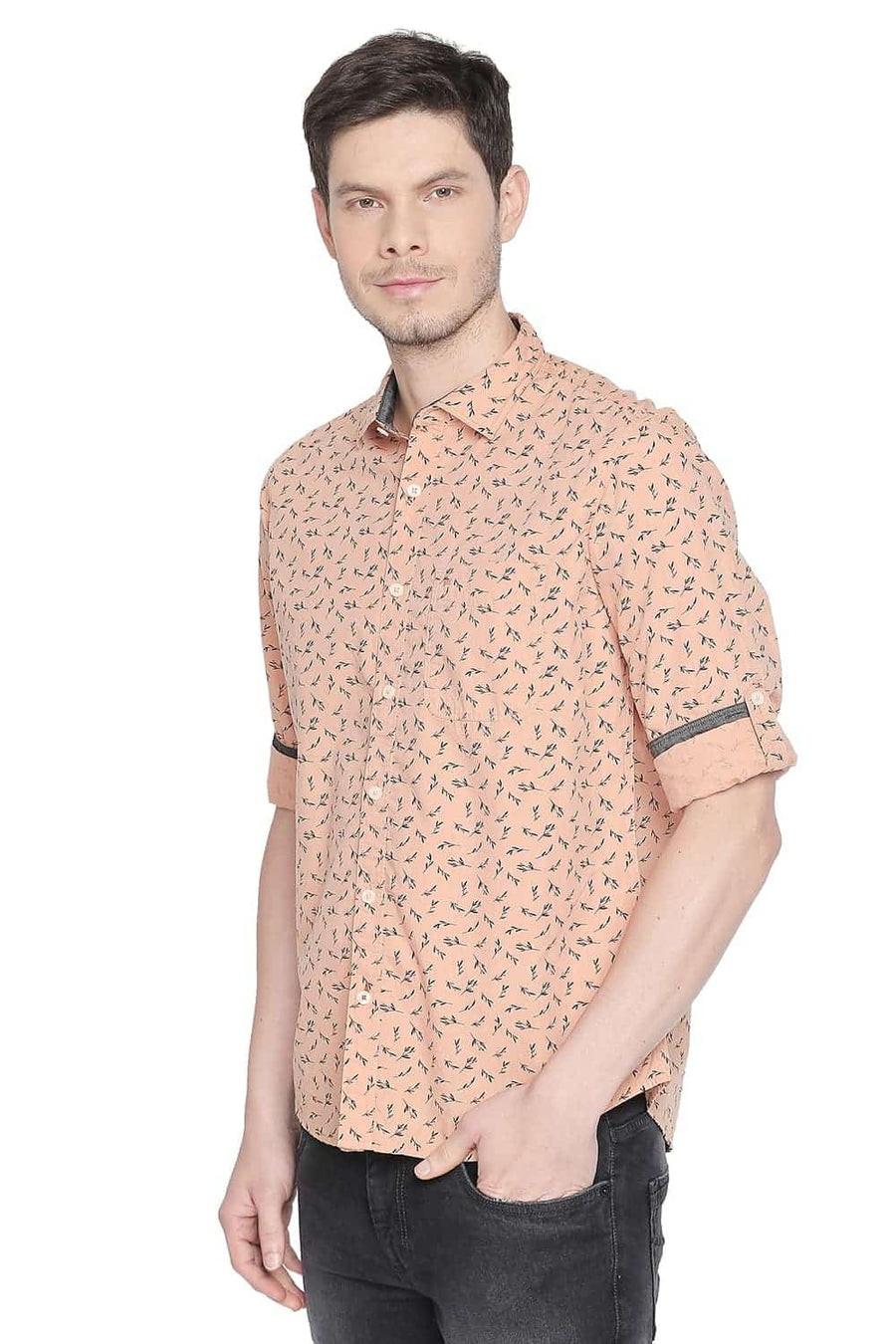 BASICS SLIM FIT APRICOT ORANGE PRINTED SHIRT