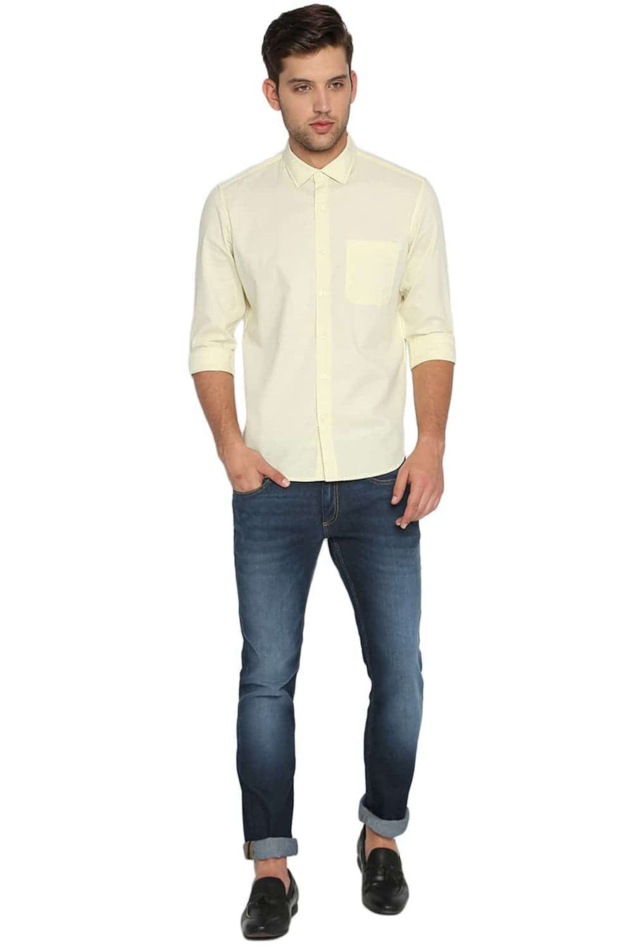 BASICS SLIM FIT LIME YELLOW DOBBY SHIRT
