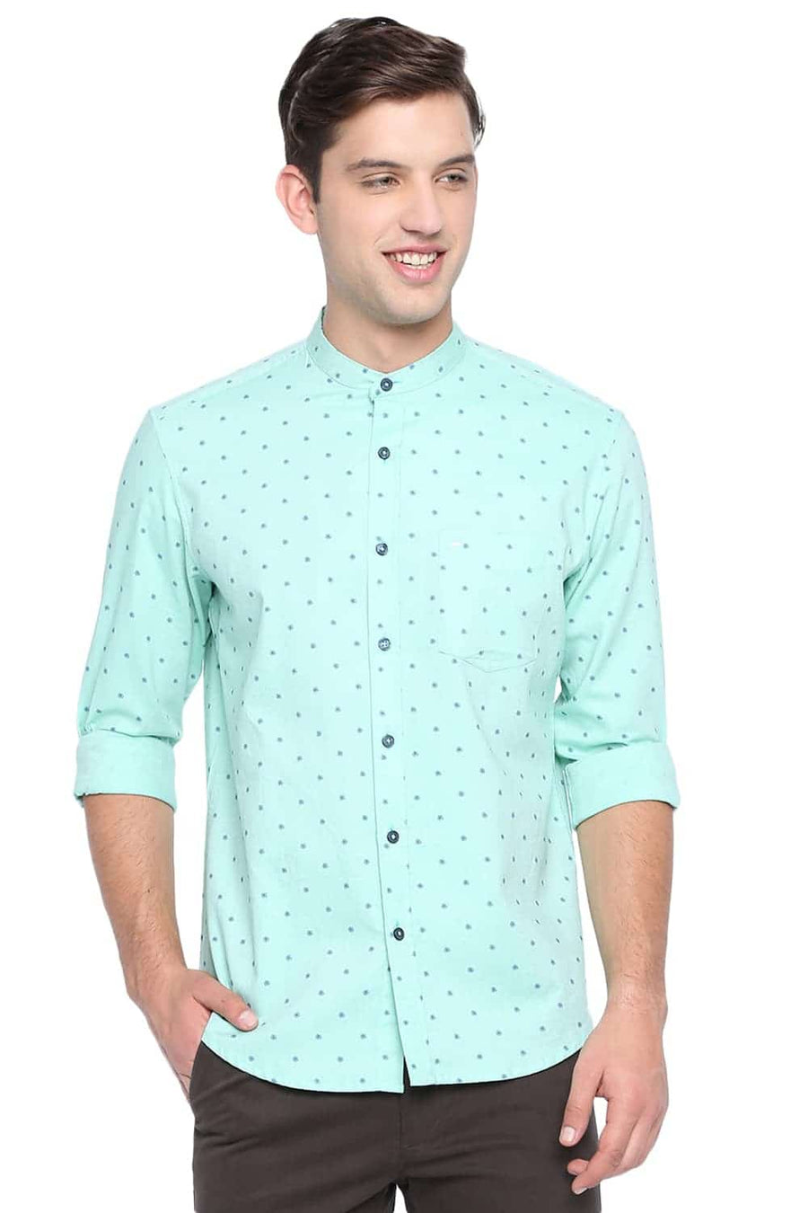 BASICS SLIM FIT SPEARMINT GREEN PRINTED OXFORD SHIRT