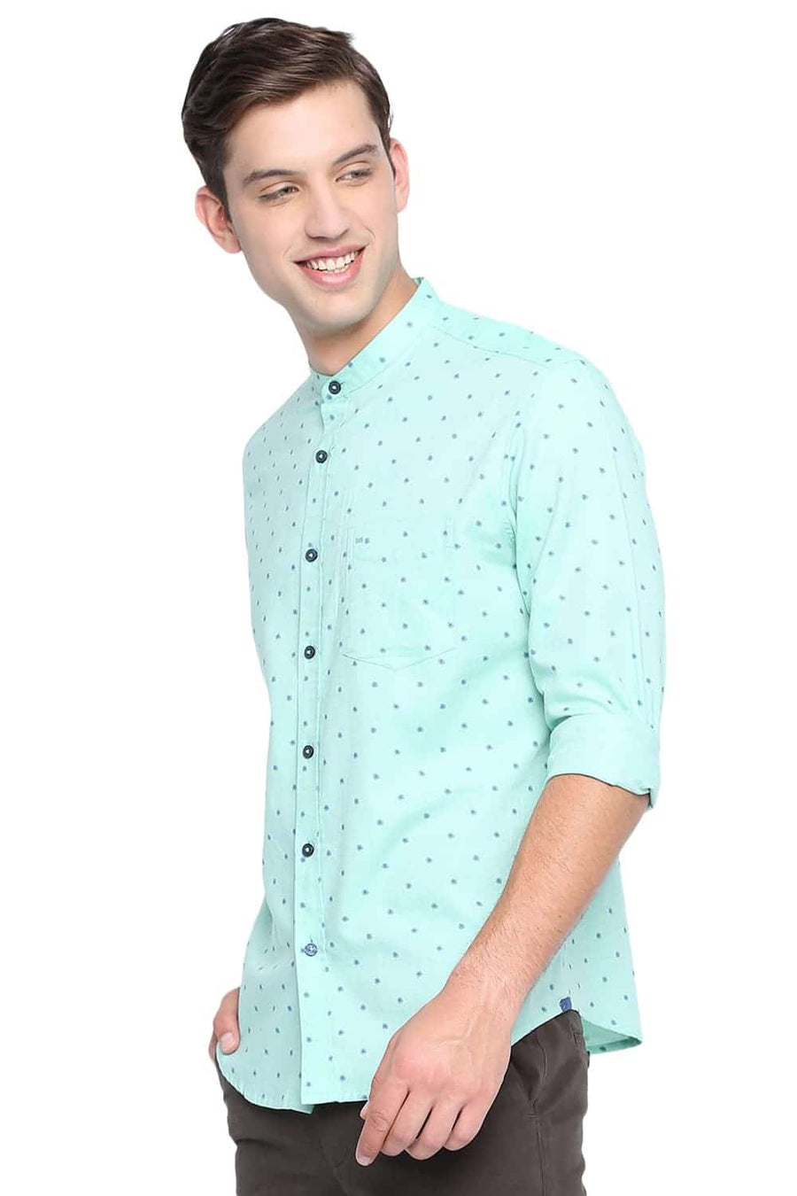 BASICS SLIM FIT SPEARMINT GREEN PRINTED OXFORD SHIRT