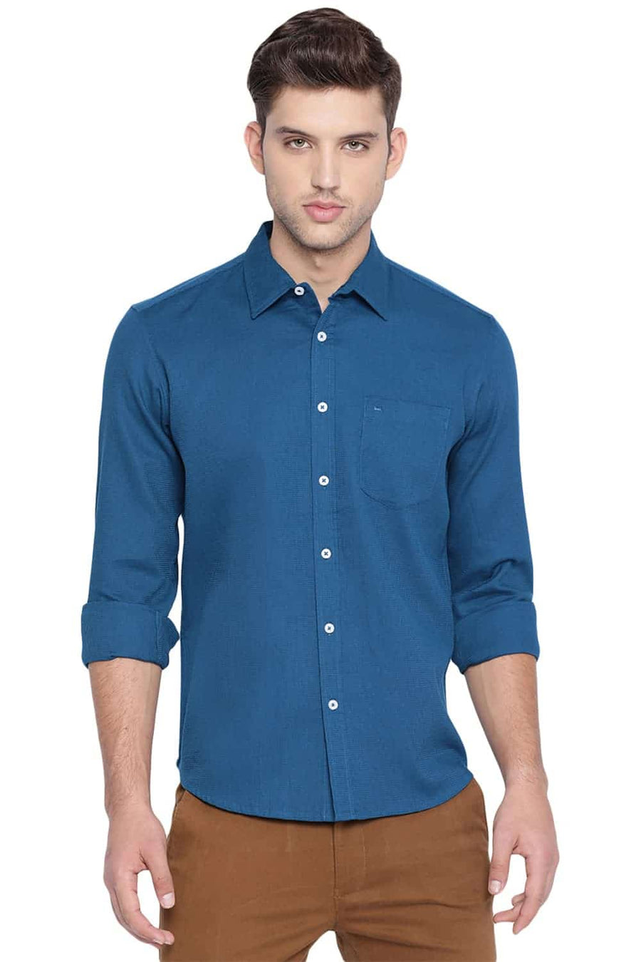 BASICS SLIM FIT MOROCCAN BLUE STRUCTURE SHIRT