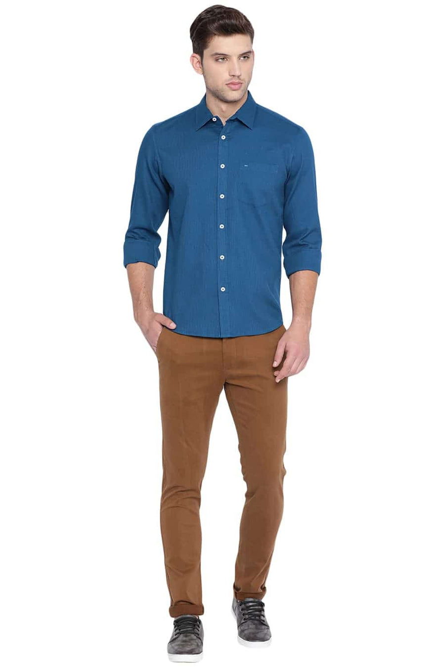 BASICS SLIM FIT MOROCCAN BLUE STRUCTURE SHIRT