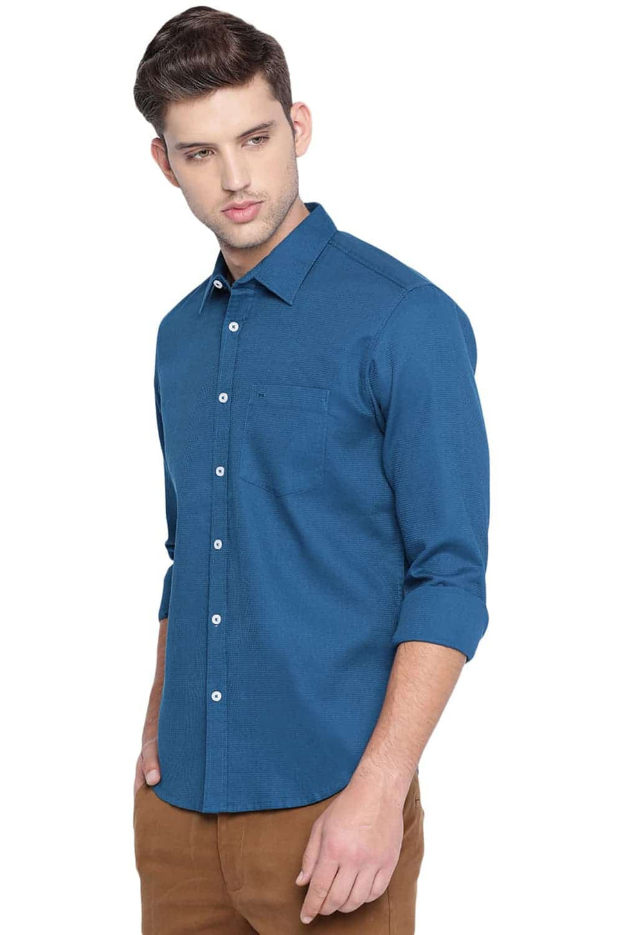 BASICS SLIM FIT MOROCCAN BLUE STRUCTURE SHIRT