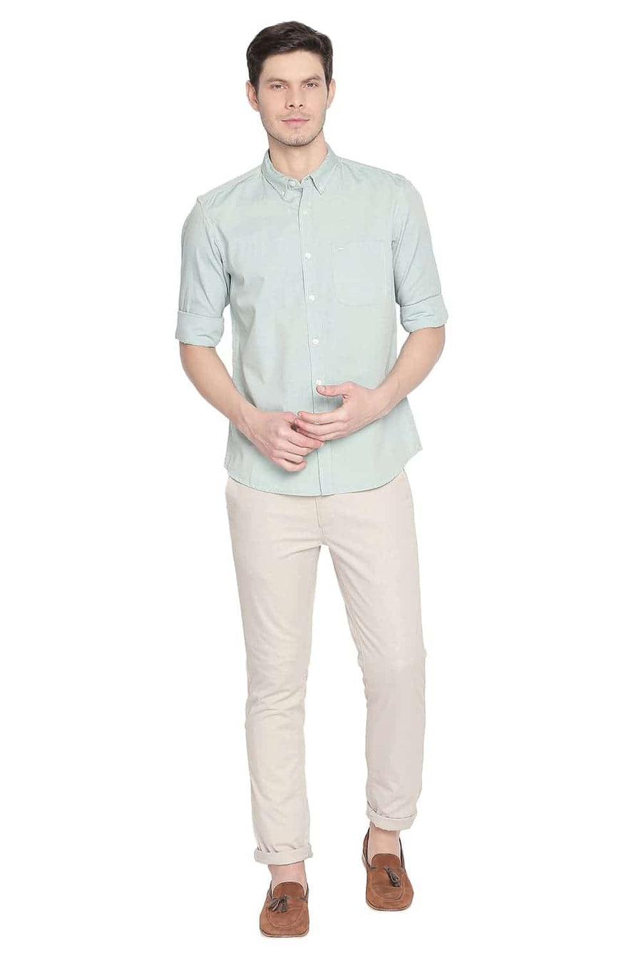 BASICS SLIM FIT KATYDID GREEN OXFORD SHIRT