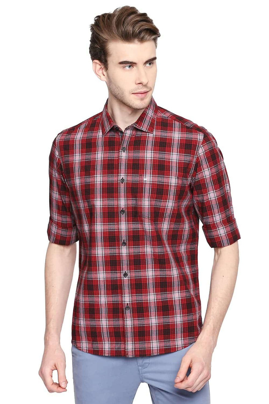 BASICS SLIM FIT ROCOCO RED CHECKS SHIRT