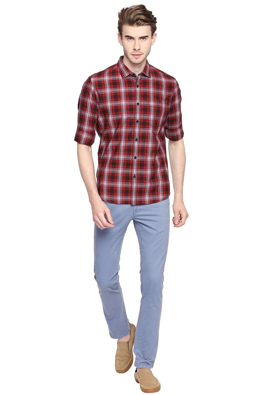 BASICS SLIM FIT ROCOCO RED CHECKS SHIRT