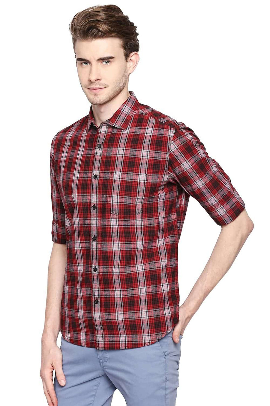 BASICS SLIM FIT ROCOCO RED CHECKS SHIRT