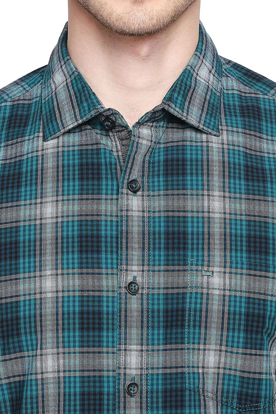 BASICS SLIM FIT TIDEPOOL GREEN CHECKS SHIRT