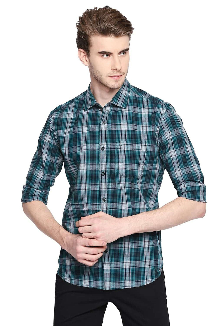 BASICS SLIM FIT TIDEPOOL GREEN CHECKS SHIRT