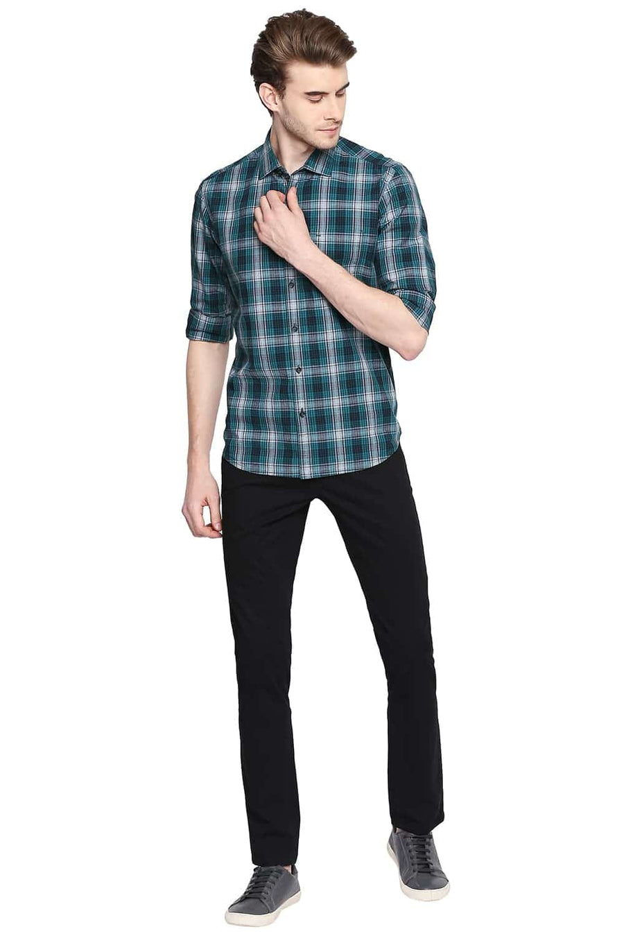BASICS SLIM FIT TIDEPOOL GREEN CHECKS SHIRT