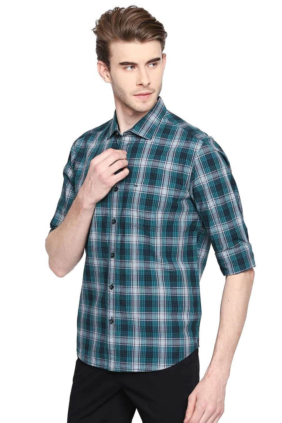 BASICS SLIM FIT TIDEPOOL GREEN CHECKS SHIRT
