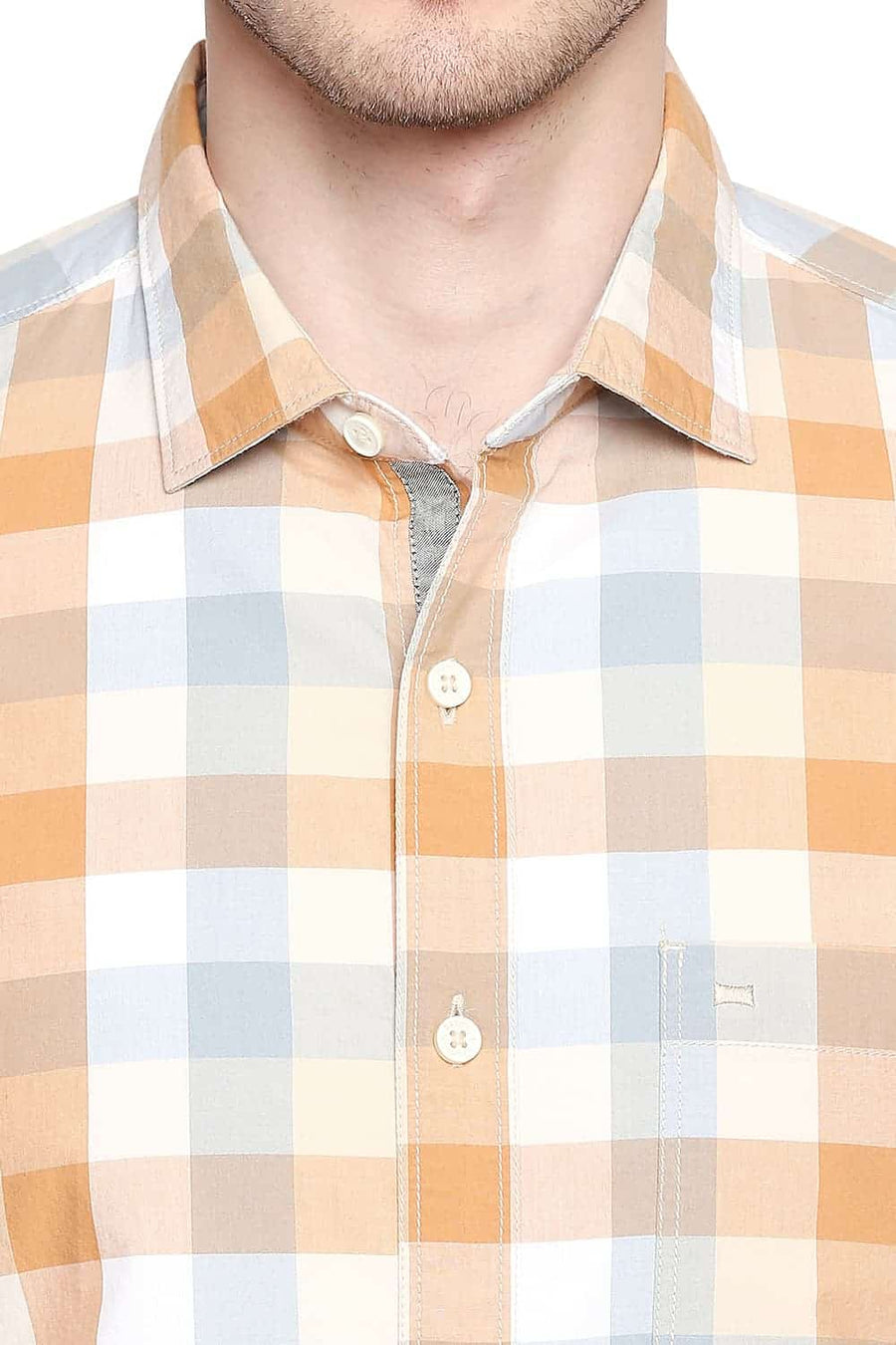BASICS SLIM FIT CREME BEIGE CHECKS SHIRT