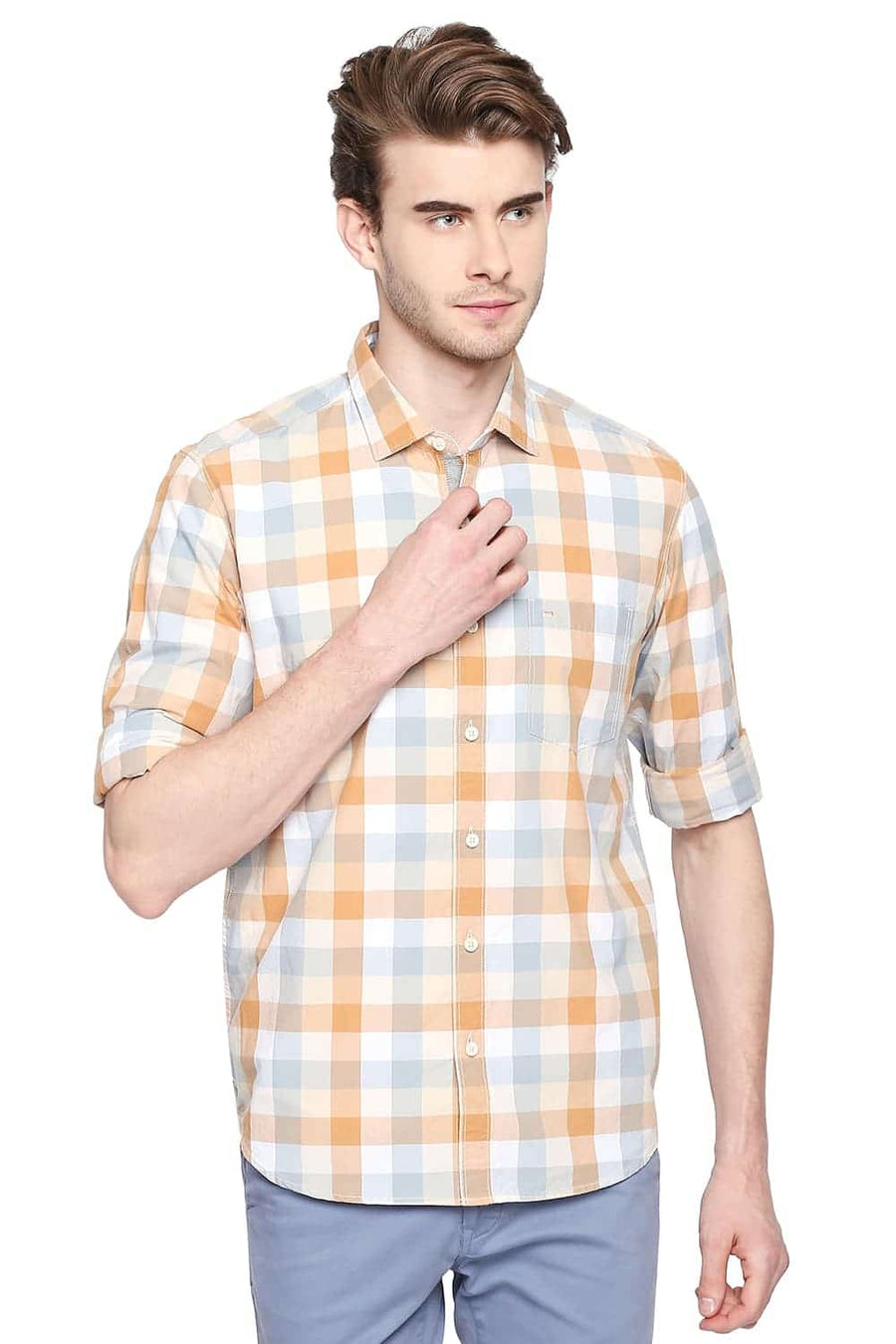 BASICS SLIM FIT CREME BEIGE CHECKS SHIRT