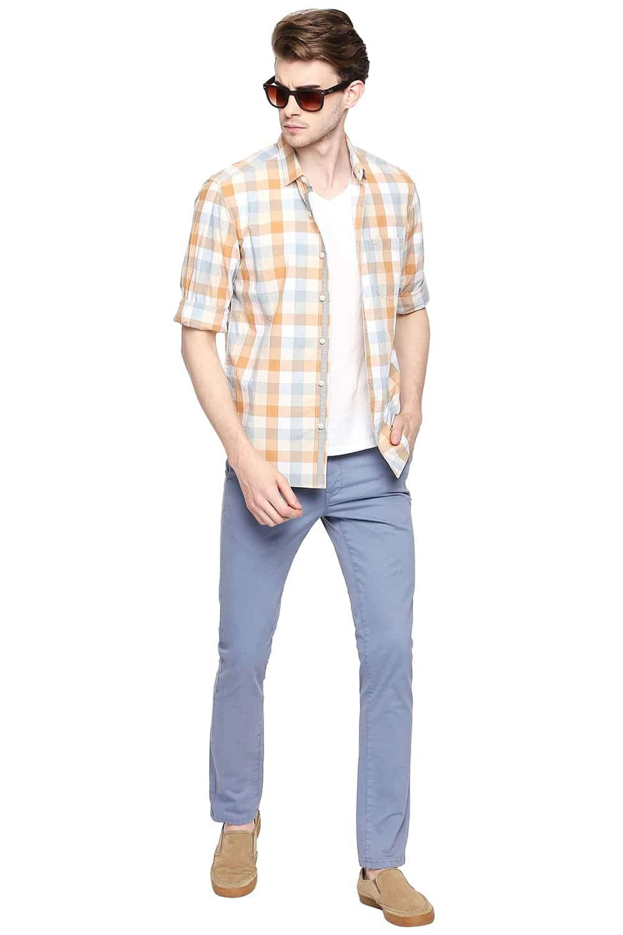 BASICS SLIM FIT CREME BEIGE CHECKS SHIRT