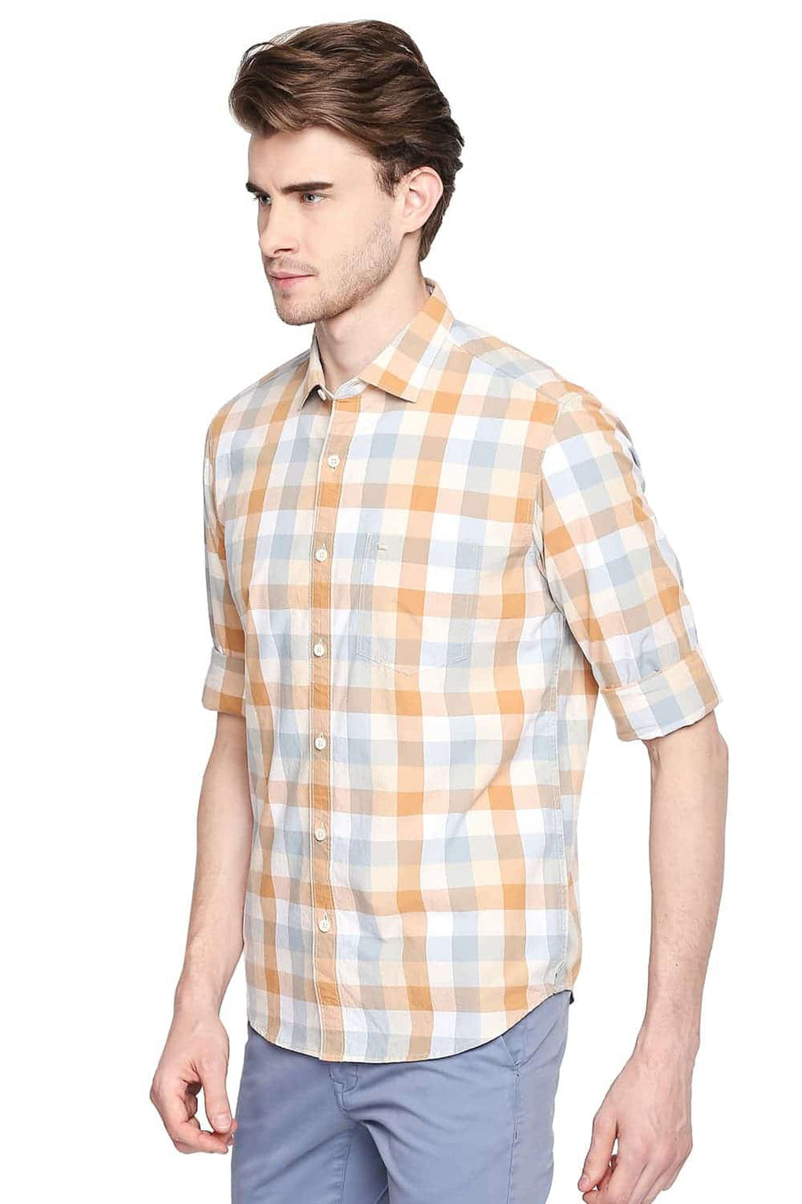 BASICS SLIM FIT CREME BEIGE CHECKS SHIRT