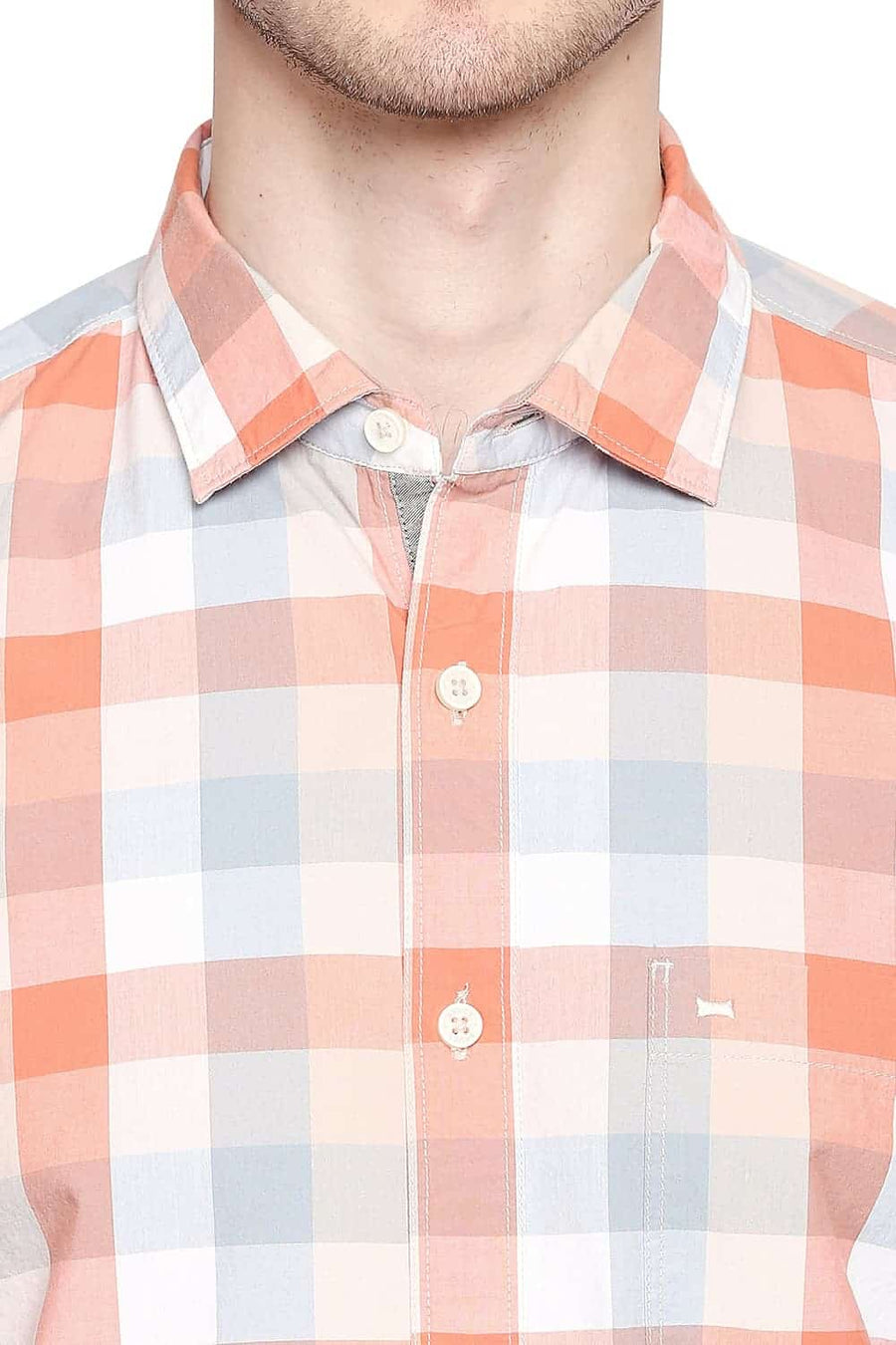 BASICS SLIM FIT MELON ORANGE CHECKS SHIRT