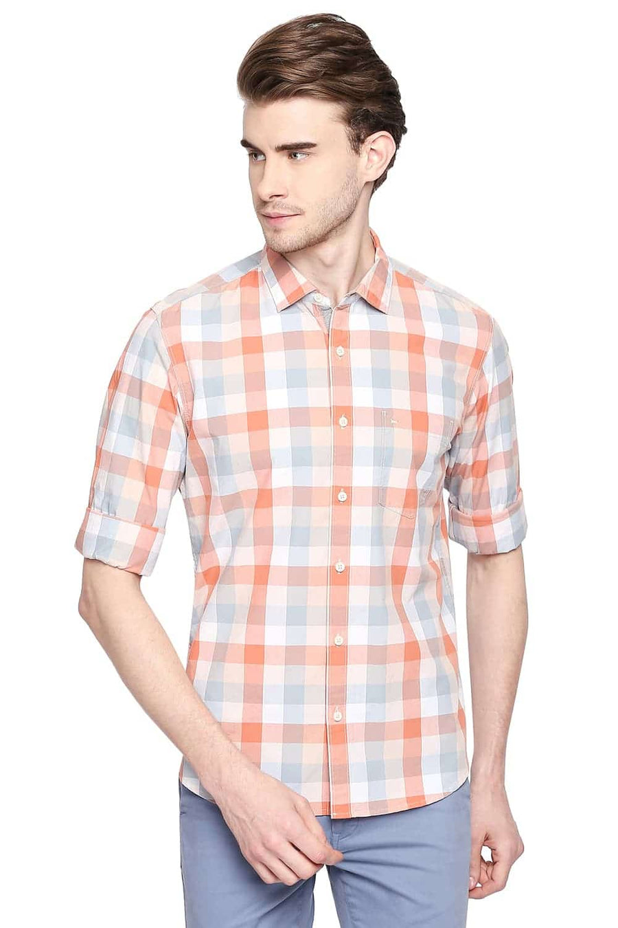 BASICS SLIM FIT MELON ORANGE CHECKS SHIRT
