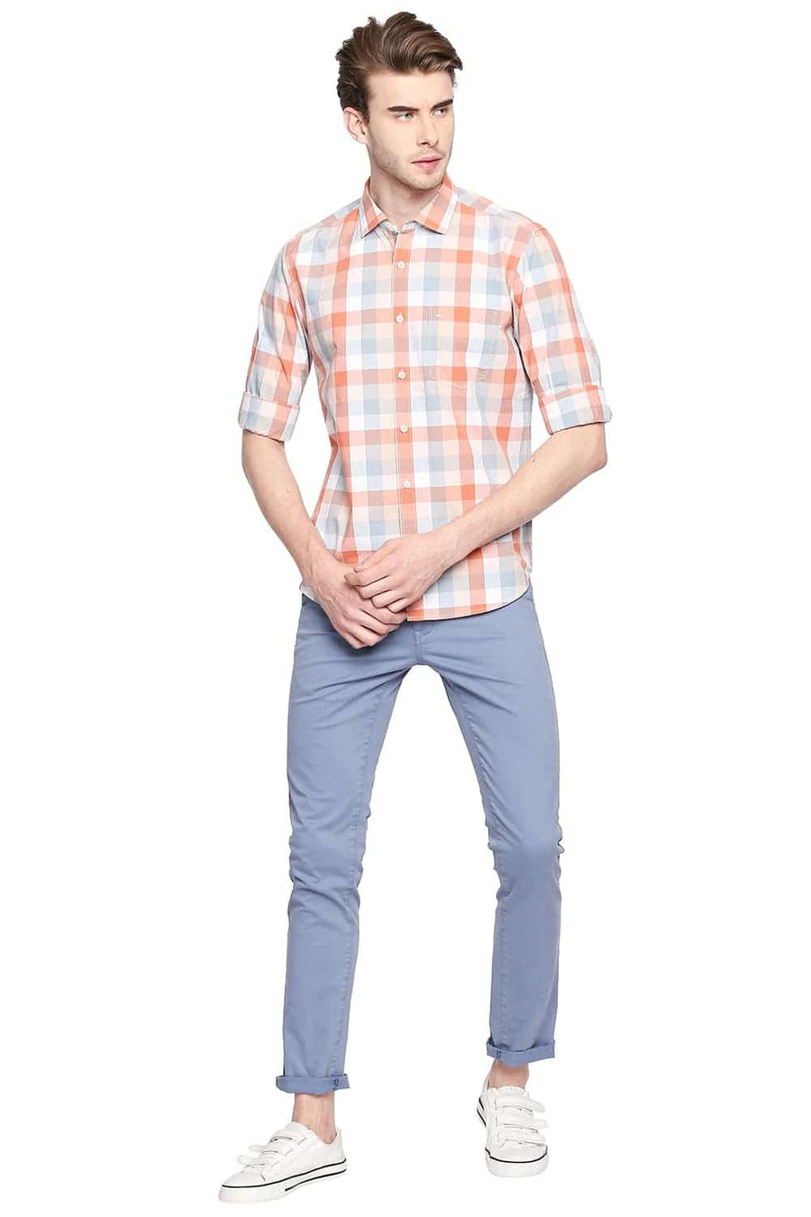 BASICS SLIM FIT MELON ORANGE CHECKS SHIRT