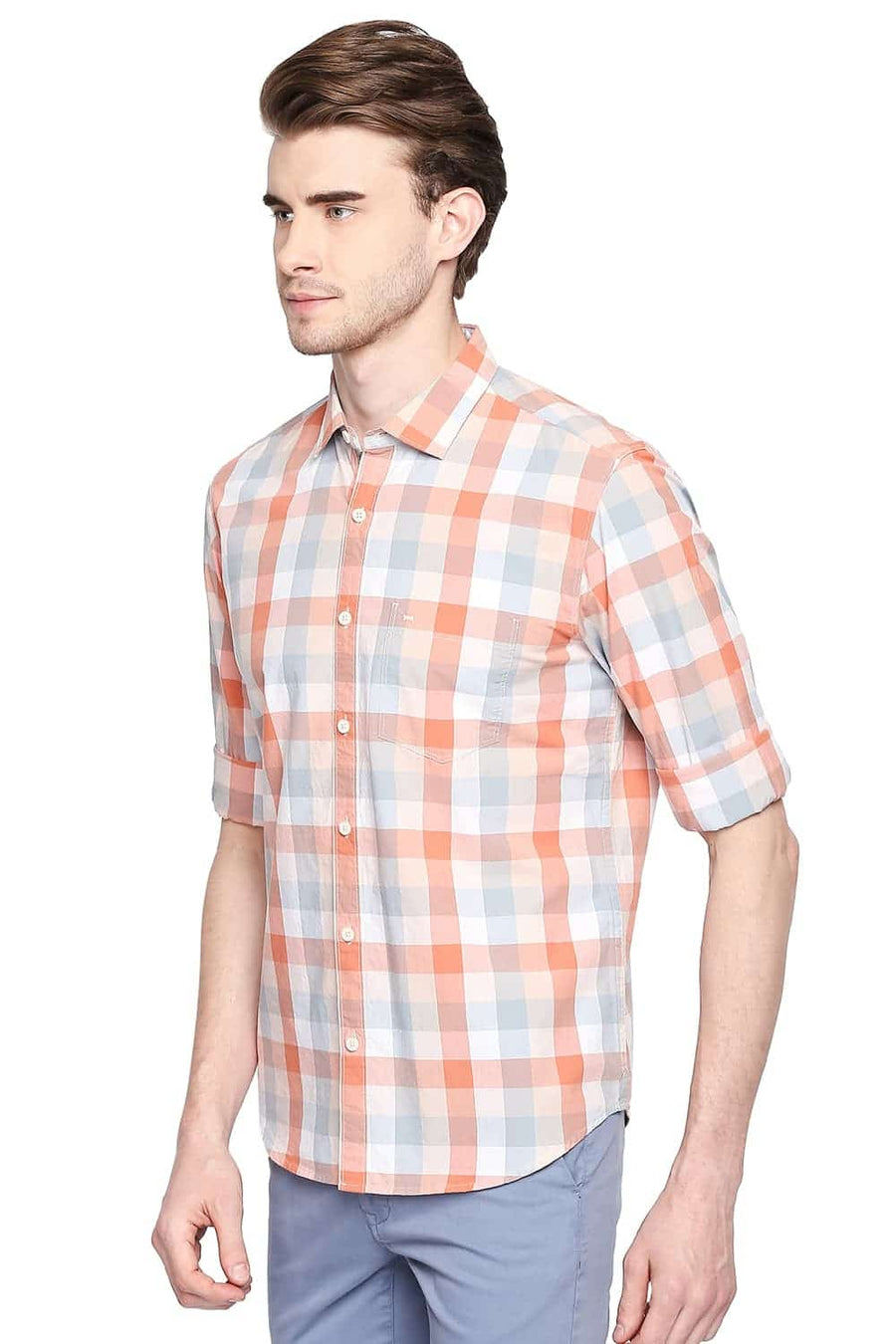BASICS SLIM FIT MELON ORANGE CHECKS SHIRT