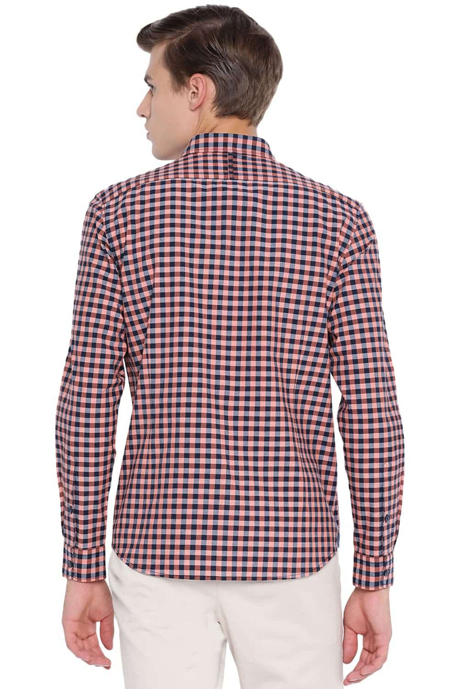 BASICS SLIM FIT SALMON ORANGE CHECKS SHIRT
