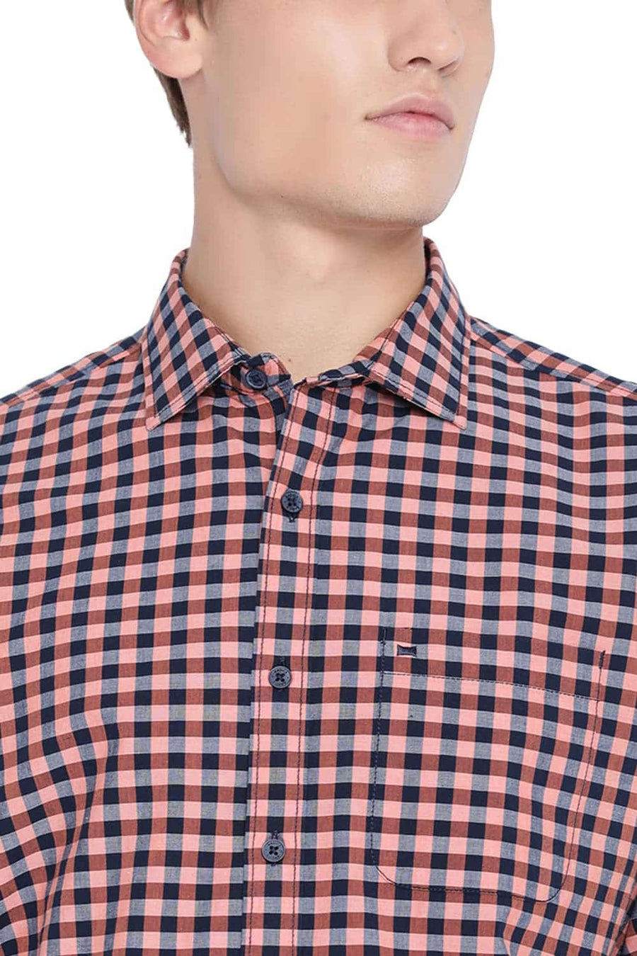 BASICS SLIM FIT SALMON ORANGE CHECKS SHIRT