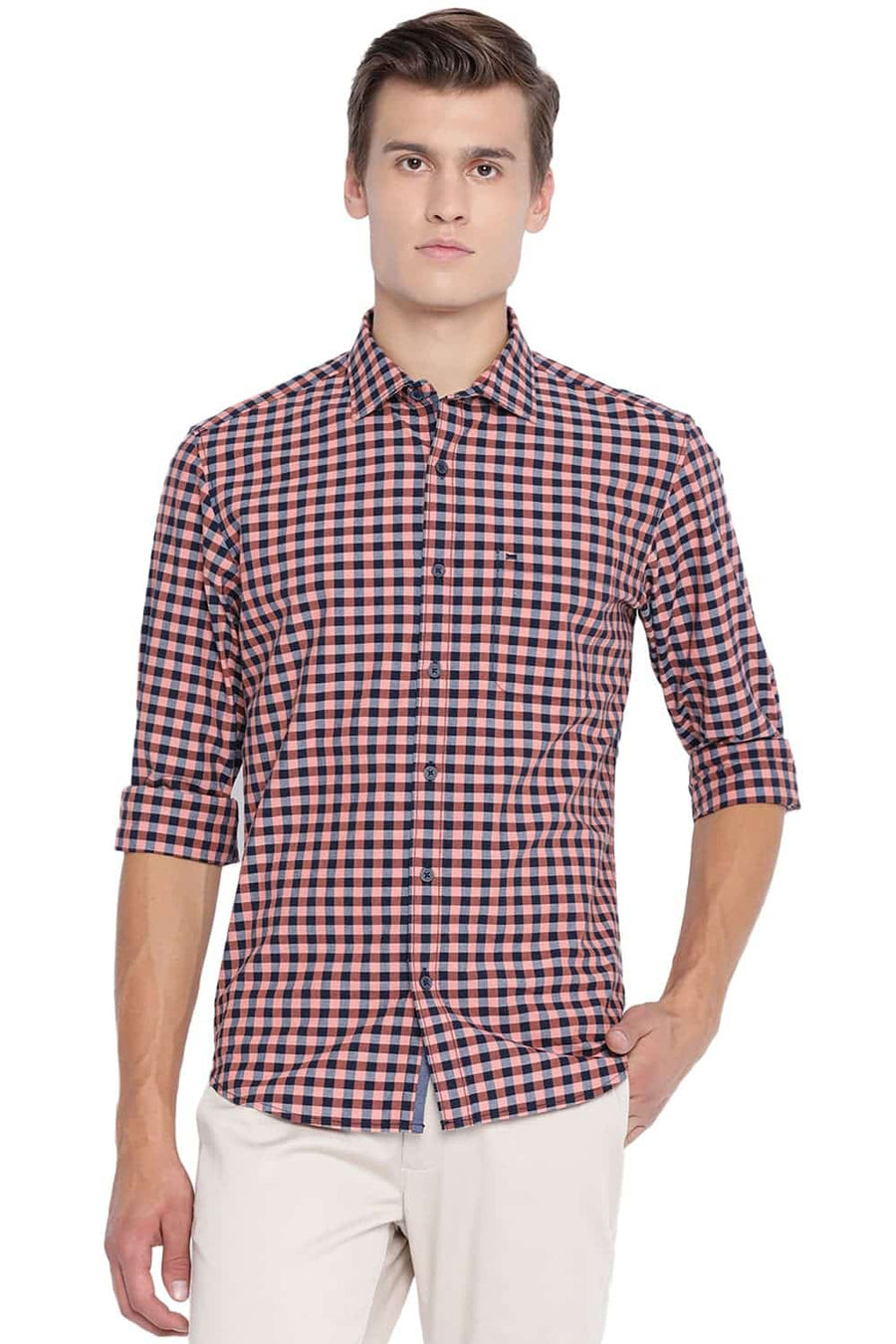 BASICS SLIM FIT SALMON ORANGE CHECKS SHIRT
