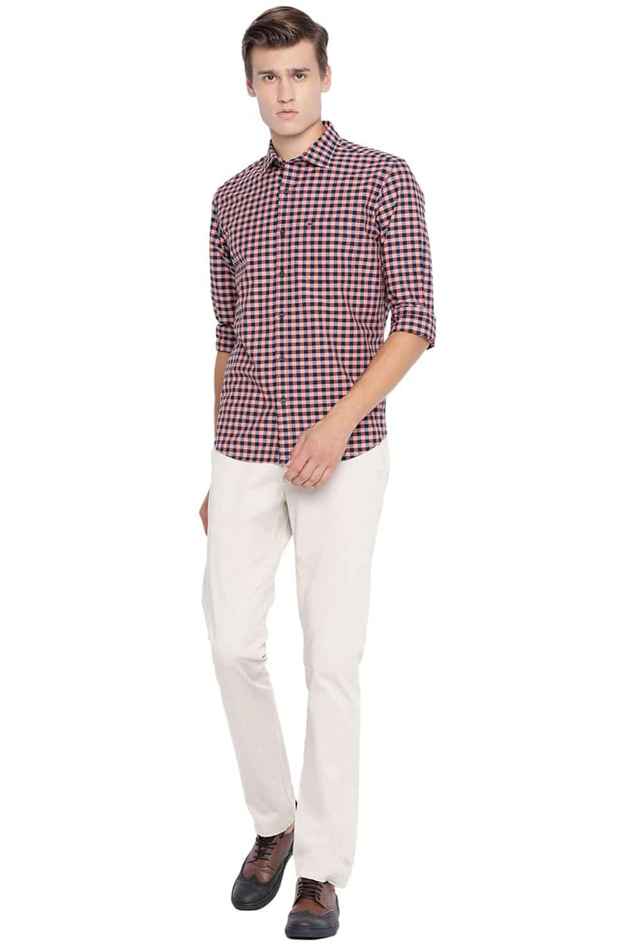 BASICS SLIM FIT SALMON ORANGE CHECKS SHIRT