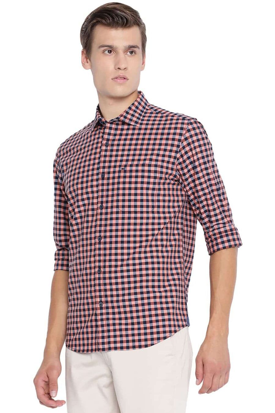 BASICS SLIM FIT SALMON ORANGE CHECKS SHIRT