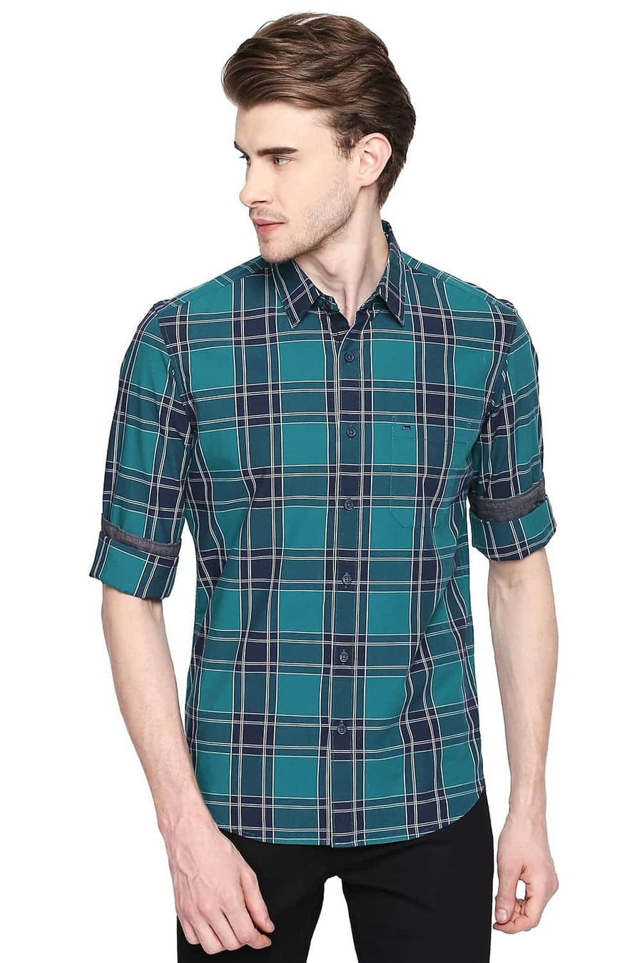 BASICS SLIM FIT PARASAILING GREEN CHECKS SHIRT