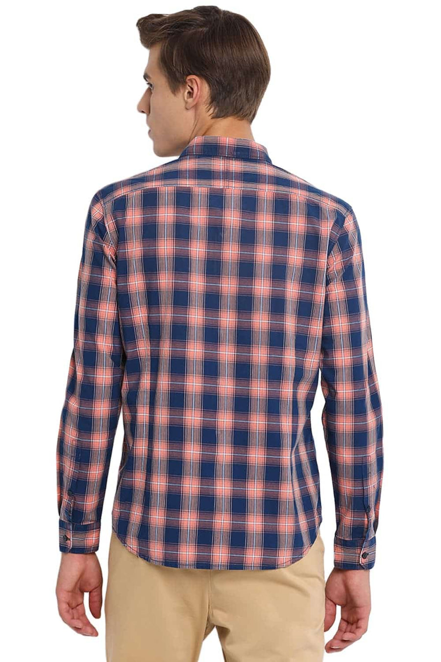 BASICS SLIM FIT PAPAYA ORANGE CHECKS SHIRT