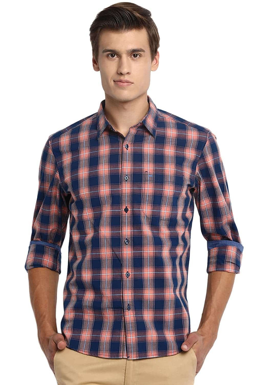BASICS SLIM FIT PAPAYA ORANGE CHECKS SHIRT