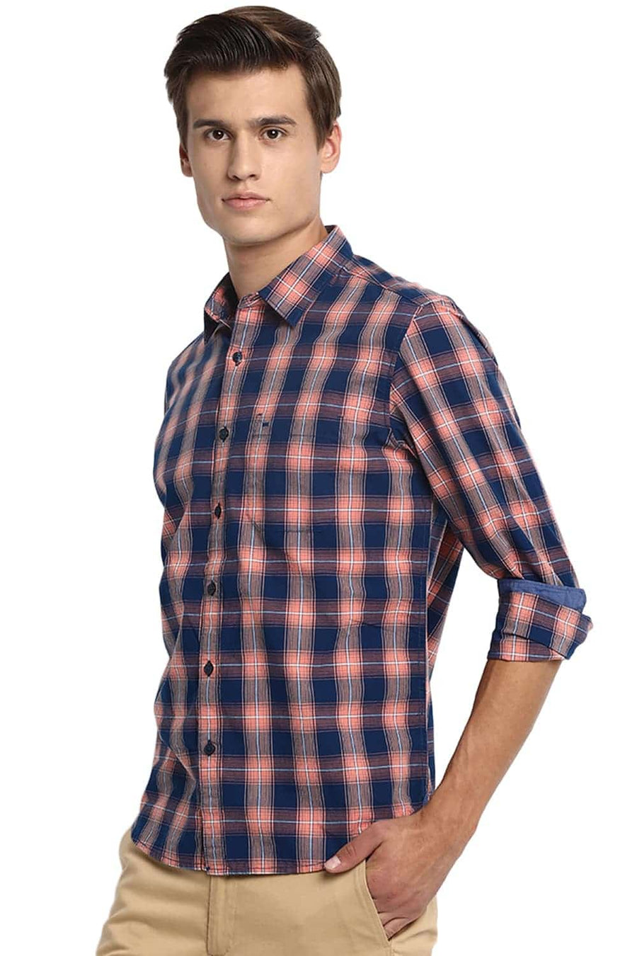 BASICS SLIM FIT PAPAYA ORANGE CHECKS SHIRT