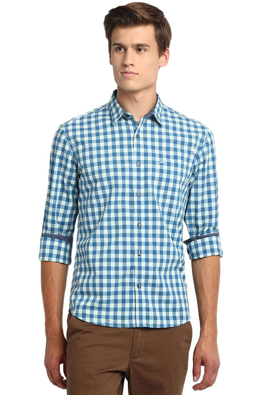 BASICS SLIM FIT YUCCA BLUE CHECKS SHIRT