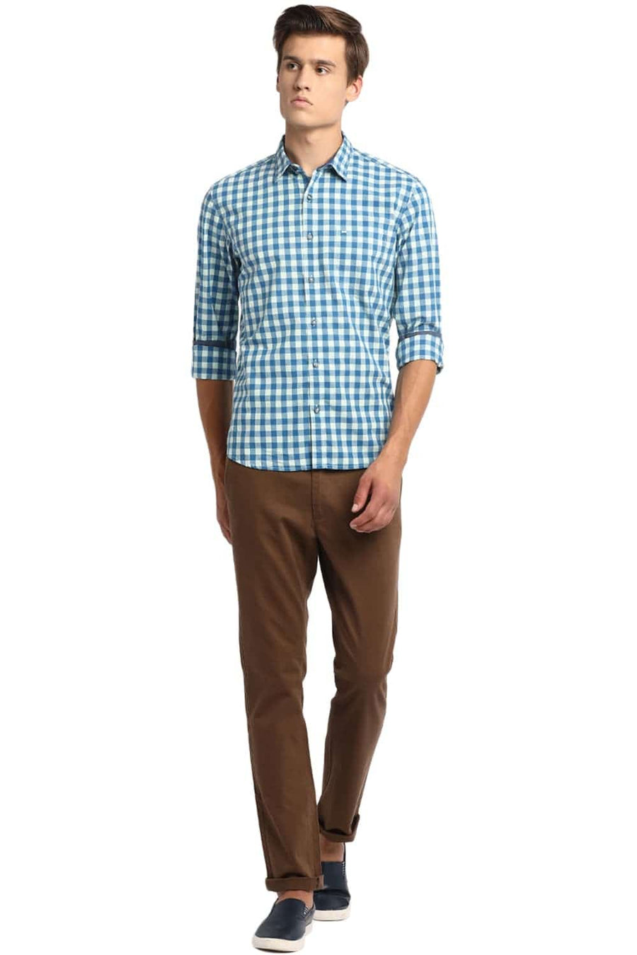 BASICS SLIM FIT YUCCA BLUE CHECKS SHIRT