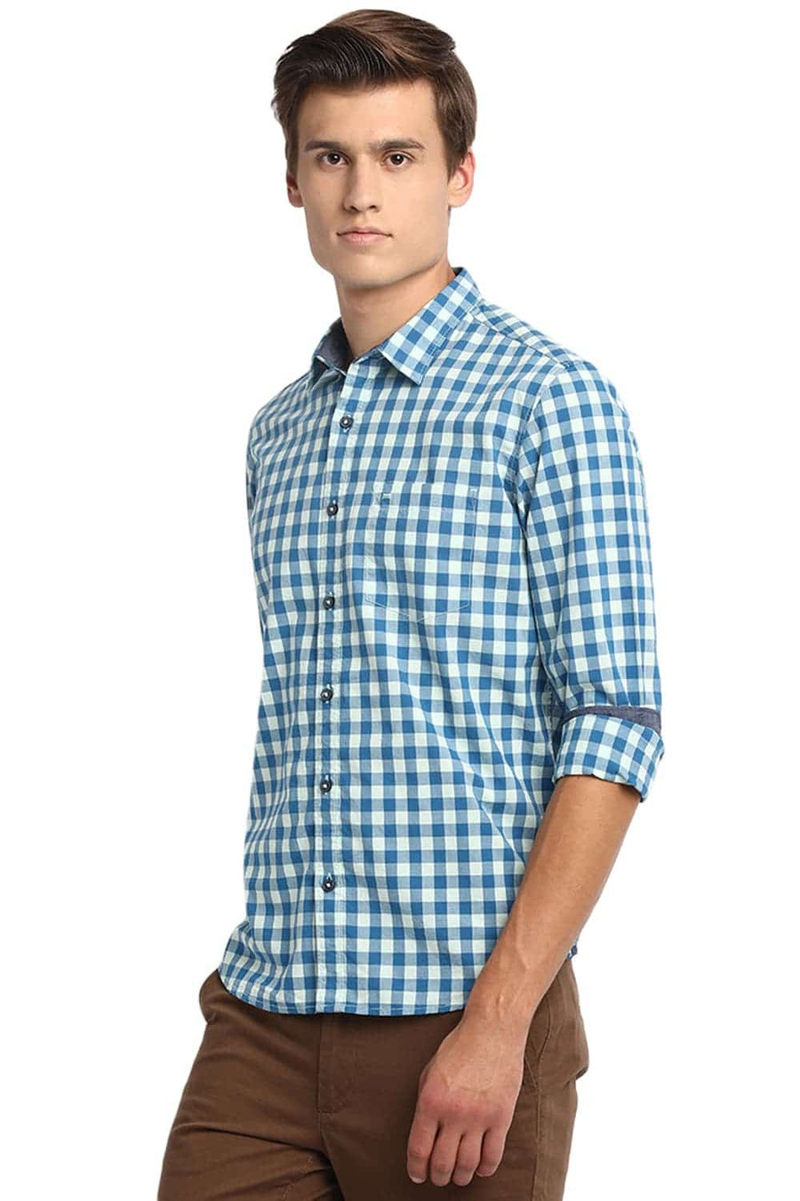 BASICS SLIM FIT YUCCA BLUE CHECKS SHIRT