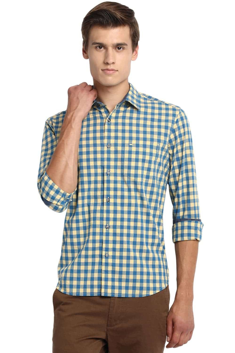 BASICS SLIM FIT BUFF YELLOW CHECKS SHIRT