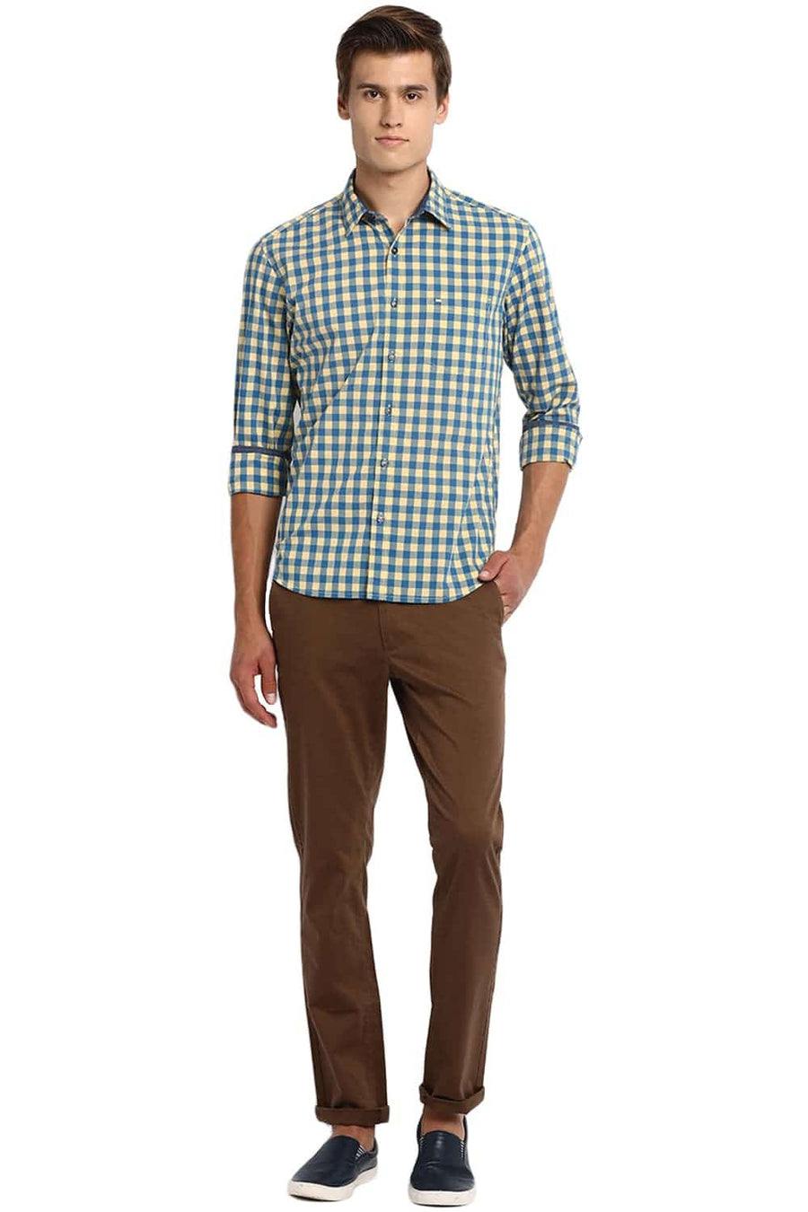 BASICS SLIM FIT BUFF YELLOW CHECKS SHIRT