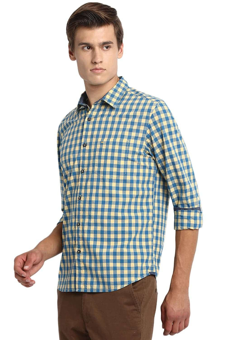 BASICS SLIM FIT BUFF YELLOW CHECKS SHIRT