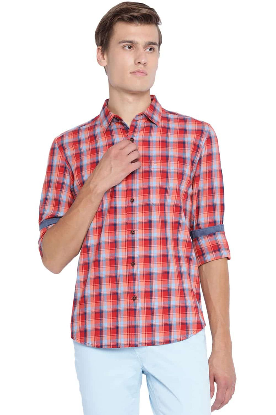 BASICS SLIM FIT GRENADINE RED CHECKS SHIRT