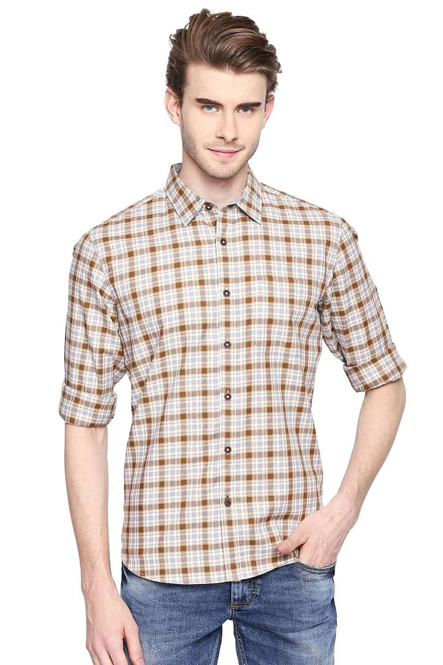BASICS SLIM FIT BISTRE BROWN CHECKS SHIRT