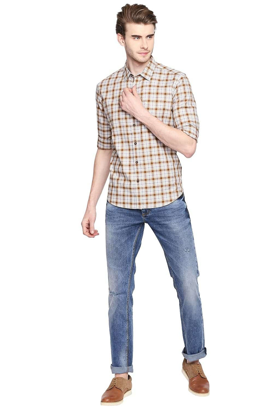 BASICS SLIM FIT BISTRE BROWN CHECKS SHIRT