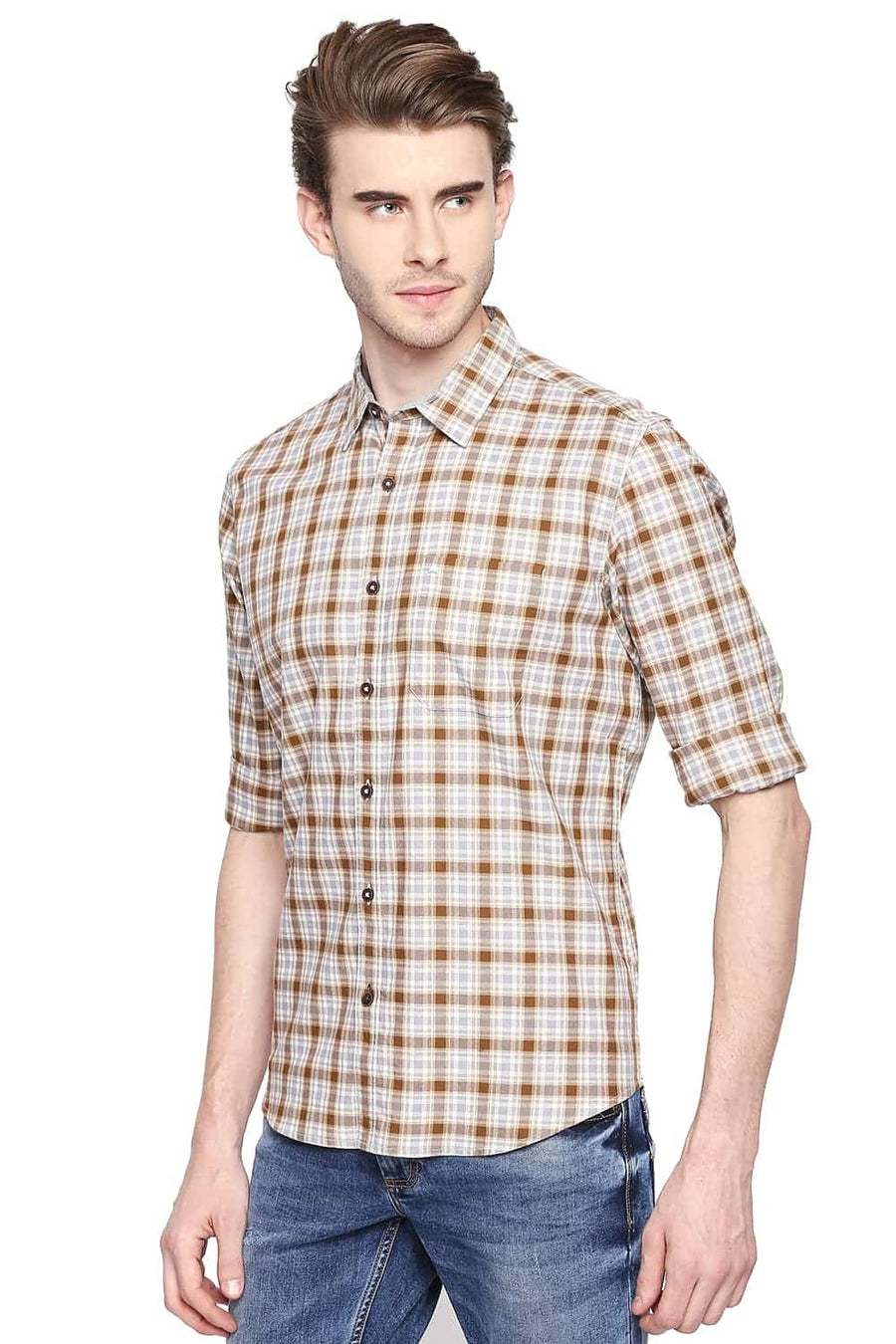 BASICS SLIM FIT BISTRE BROWN CHECKS SHIRT