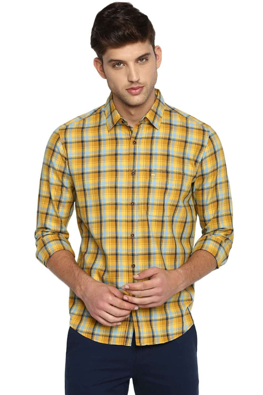 BASICS SLIM FIT MIMOSA YELLOW CHECKS SHIRT