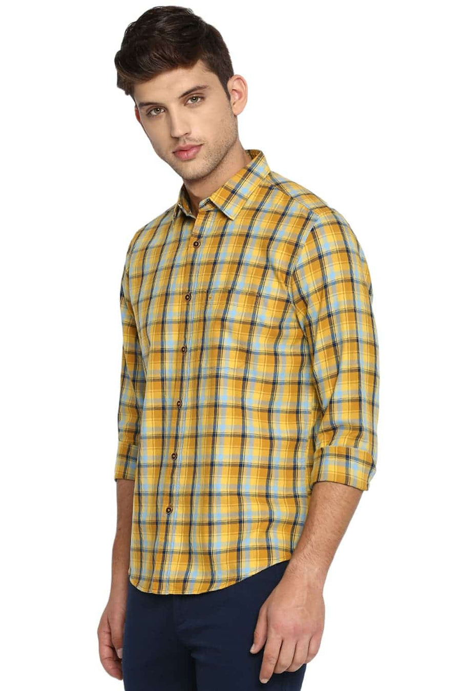 BASICS SLIM FIT MIMOSA YELLOW CHECKS SHIRT
