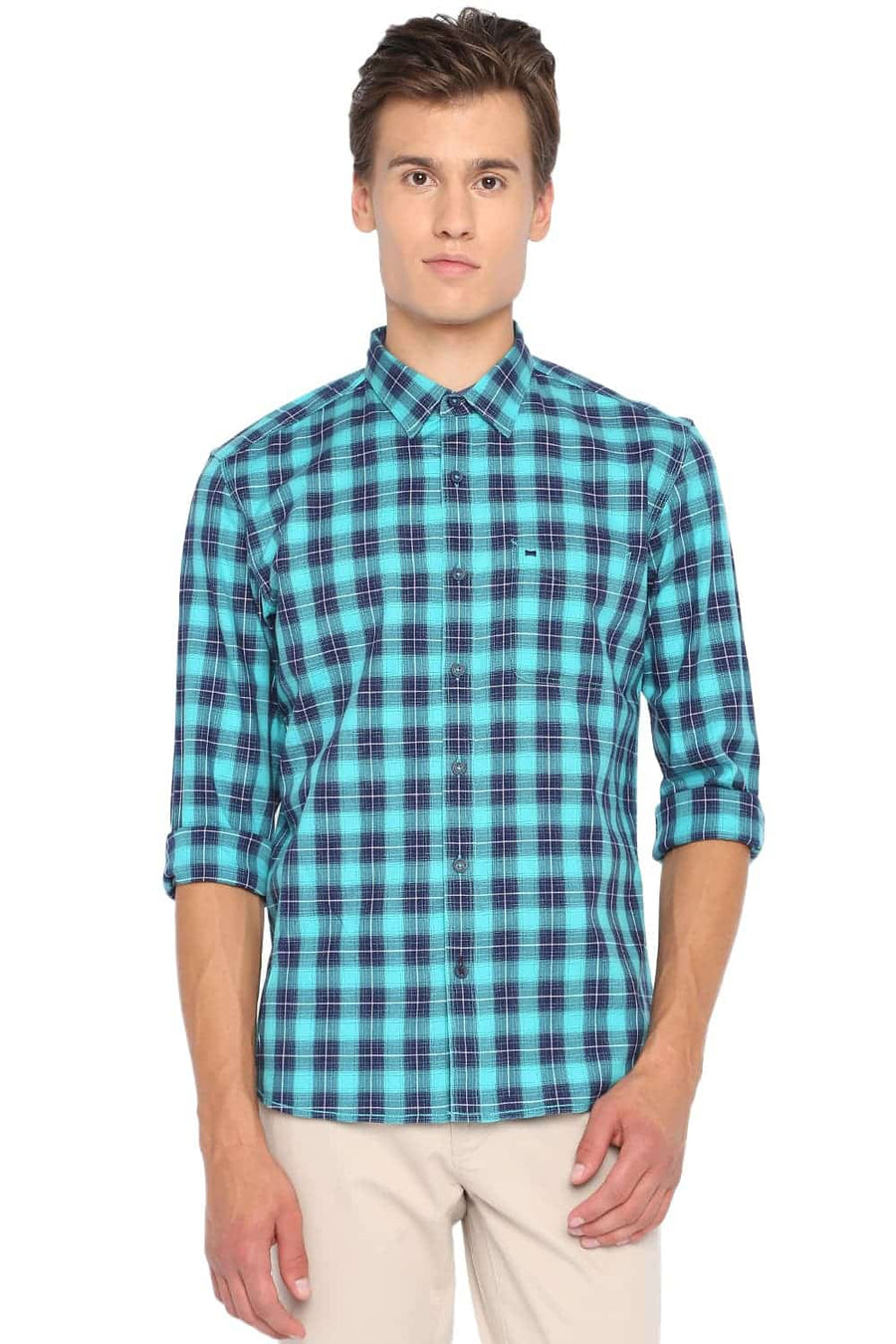 BASICS SLIM FIT CERAMIC AQUA CHECKS SHIRT
