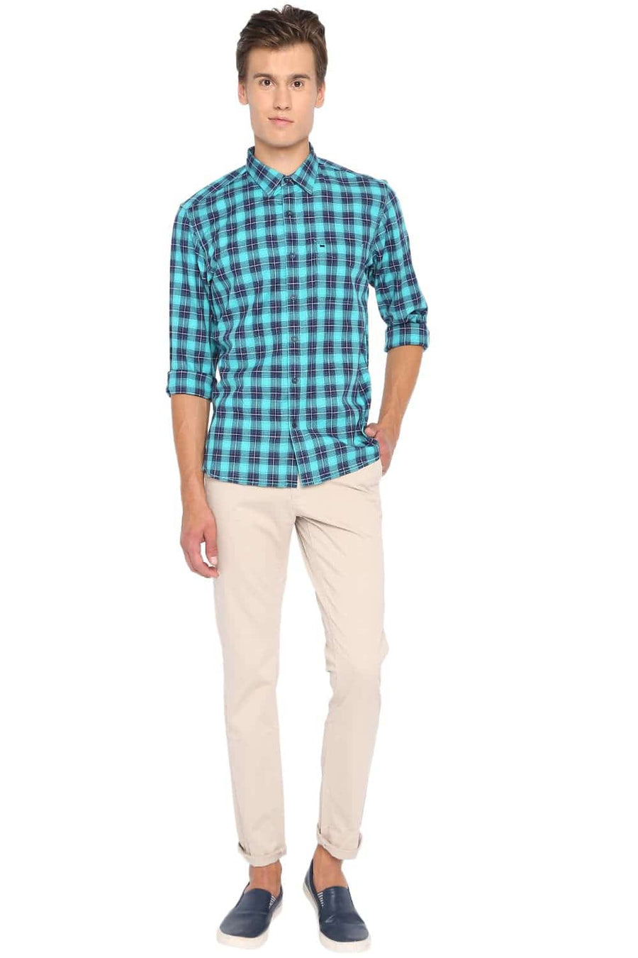 BASICS SLIM FIT CERAMIC AQUA CHECKS SHIRT