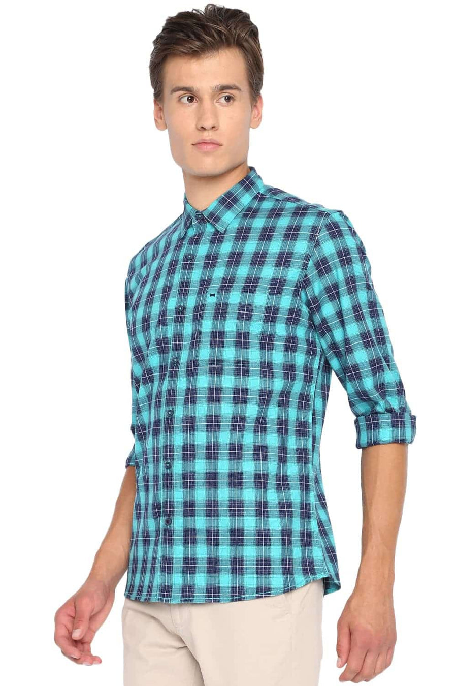 BASICS SLIM FIT CERAMIC AQUA CHECKS SHIRT