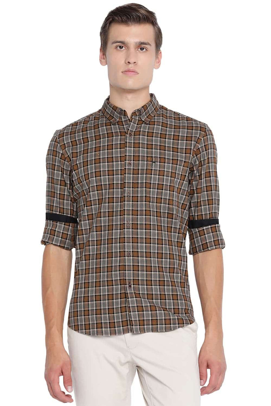 BASICS SLIM FIT CUMIN BROWN CHECKS SHIRT